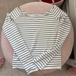 Brandy Melville White and Black Striped Boatneck Long Sleeve Top